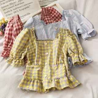Checker Ruffled-trim Crop Blouse In 8 Colors