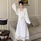 Ruffle Lace-up Light Jacket / Spaghetti Strap Midi A-line Dress