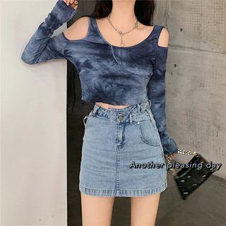 Tie-dyed Cold-shoulder Long-sleeve Top / Mini Pencil Skirt