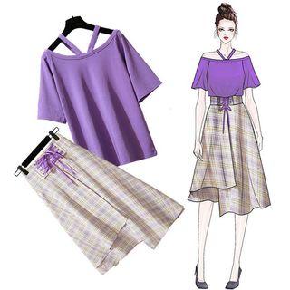 Set: Off-shoulder Top + Check Skirt
