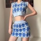 Set: Sleeveless Argyle Knit Top + Mini Pencil Skirt Blue - One Size