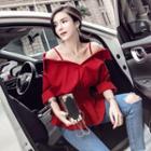 3/4-sleeve Cold Shoulder Blouse Red - One Size