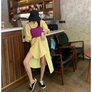 Plain Puff-sleeve Shirt Dress / Open Back Sleeveless Top