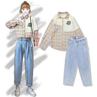 Set : Patchwork Plaid Shirt + Jeans