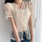 Flower Embroidered Short-sleeve Blouse Almond - One Size