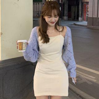 Spaghetti Strap Square Neck Plain Mini Dress / Long-sleeve Perforated Cardigan