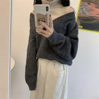 Turtleneck Mock Two-piece Cold-shoulder Sweater