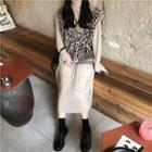 Long-sleeve Dotted Midi Pleated Dress / Leopard Print Knit Vest