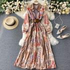 Long-sleeve Lapel Print Dress Khaki - One Size