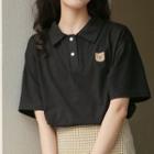 Short-sleeve Bear Embroidered Polo Shirt Black - One Size