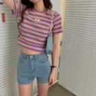 Cropped Round-neck Color-block Striped Knit Top