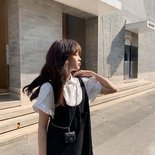 Short-sleeve Ruffle Trim Blouse / Mini A-line Overall Dress