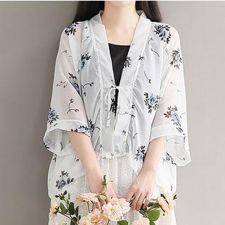 Flower Print 3/4-sleeve Chiffon Jacket