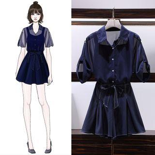 Set: Elbow-sleeve Chiffon Shirt + Wide-leg Shorts + Camisole Top