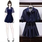 Set: Elbow-sleeve Chiffon Shirt + Wide-leg Shorts + Camisole Top