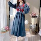 Long-sleeve Argyle Knit Panel Midi A-line Dress