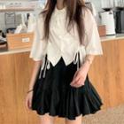 Elbow-sleeve Drawstring Shirt / Mini A-line Skirt