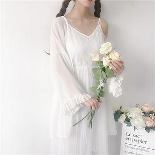 Set: Spaghetti Strap Mesh Midi A-line Dress + Light Jacket