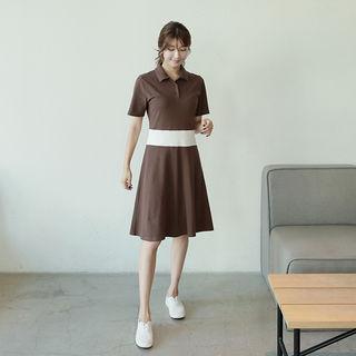 Contrast-trim Flared Polo Shirtdress