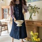 Button-up Flared Denim Long Pinafore Dress Dark Blue - One Size