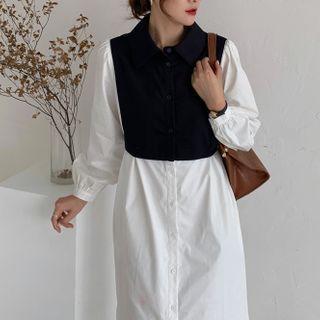 Mock Two-piece Long-sleeve Midi A-line Shirtdress White - One Size