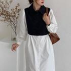 Mock Two-piece Long-sleeve Midi A-line Shirtdress White - One Size