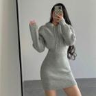 Plain Long-sleeve Slim-fit Hooded Knit Dress
