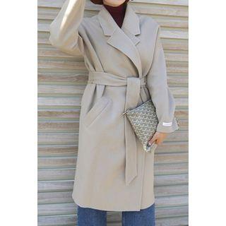 Notched-lapel Wool Blend Coat With Sash
