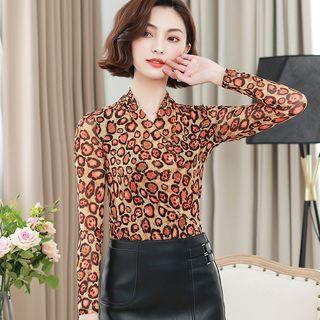 Long-sleeve Leopard Print Mesh Top