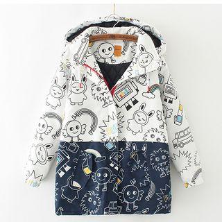Printed Color Panel Hooded Jacket