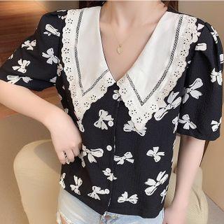 Short-sleeve Peter Pan Collar Bow Print Chiffon Shirt