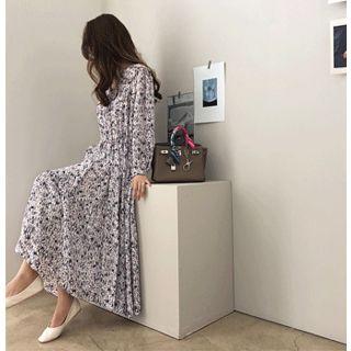 V-neck Floral Print Midi Dress One Size