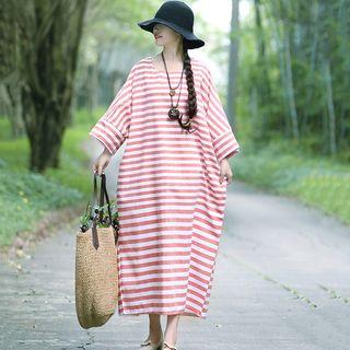 Elbow-sleeve Striped Midi Straight Fit Dress