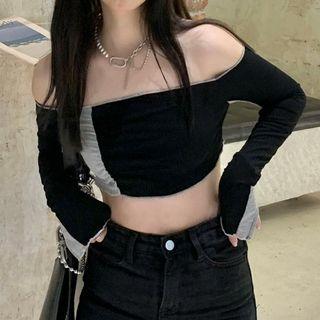 Long-sleeve Two Tone Off-shoulder Crop Top Black & Gray - One Size