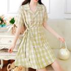 Double-breasted Plaid Cargo A-line Dress