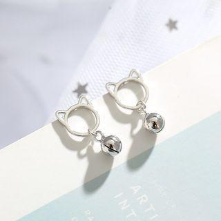 925 Sterling Silver Cat & Bell Dangle Earring Stud Earring - Cat & Bell - One Size