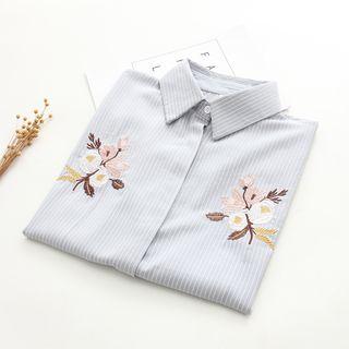 Floral Embroidered Pinstriped Short-sleeve Shirt