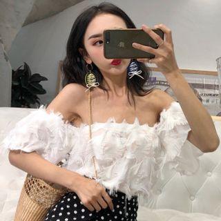 Short-sleeve Off-shoulder Fluffy Crop Top