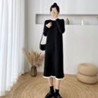 Long-sleeve Frill Trim Knit Midi Shift Dress