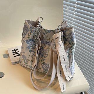 Floral Embroidered Lettering Bow Tote Bag
