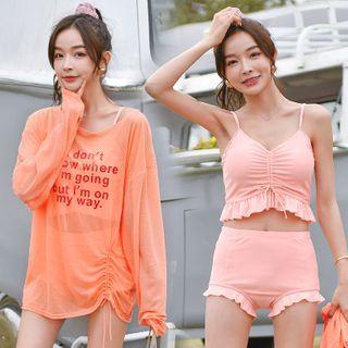 Set: Drawstring Tankini Top + Swim Bottom + Long-sleeve T-shirt Cover Up