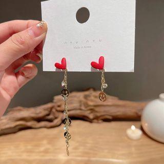 Heart Smiley Alloy Fringed Earring 1 Pair - S925 Silver Needle Earring - Red Heart - Gold - One Size