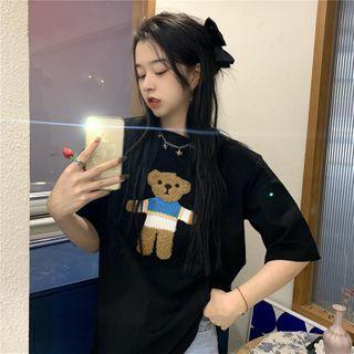 Short-sleeve Bear Embroidered T-shirt Black - One Size