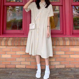 Gingham Short-sleeve Collared Midi Shift Dress