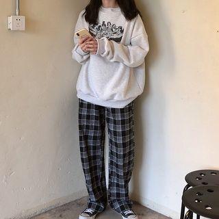 Cartoon Print Sweatshirt / Plaid Wide-leg Pants
