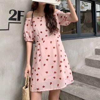 Floral Print Square Neck Puff Sleeve Chiffon Dress