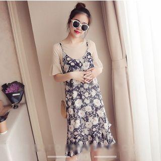 Set: Short-sleeve Top + Floral Print Spaghetti Strap Dress