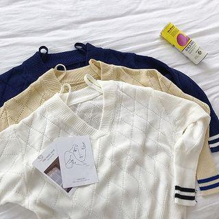 Color-block V-neck Argyle Long-sleeve Knit Top
