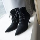 Genuine Leather Pointed Toe Lace Up Kitten Heel Booties