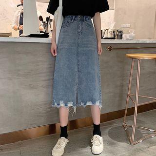 High-waist Distressed Slit Denim Skirt